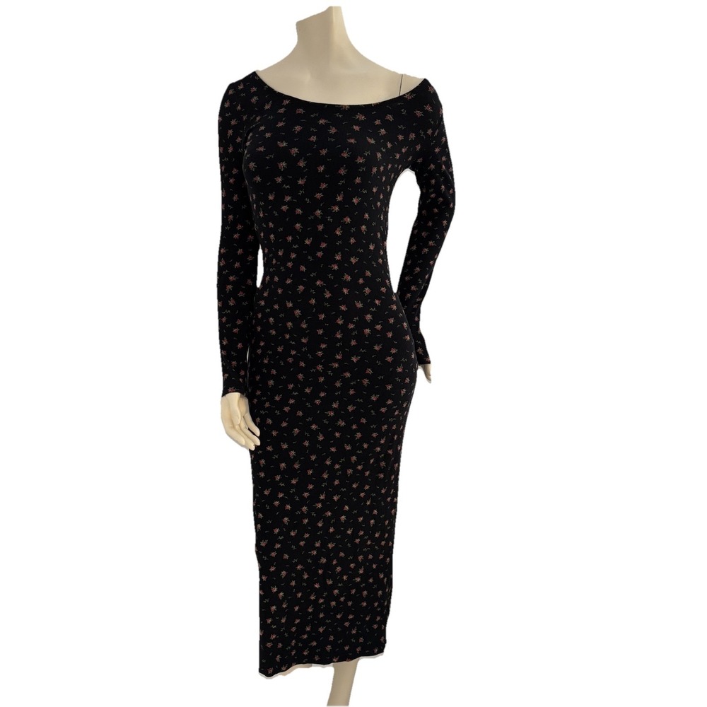George Floral Print Maxi‎ Dress Black Pink Boatneck Bodycon Whimsigoth Grunge S